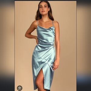 Lulus Midi Dress Dusty Blue Muted Satin Formal Semi- Formal Weddings Grad SZ S